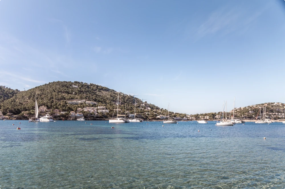 Boats anchored on within the ocean
