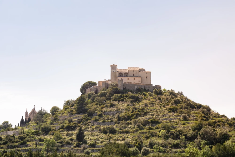 A historic stone fortress and church situated atop a lush, green hill under a clear sky.