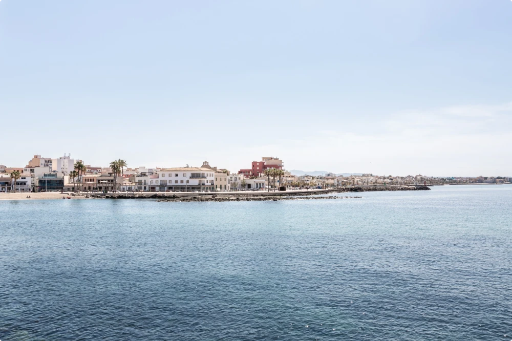 Coastal view of Portixol, Mallorca, with waterfront buildings, palm trees, and calm blue sea under a clear sky
