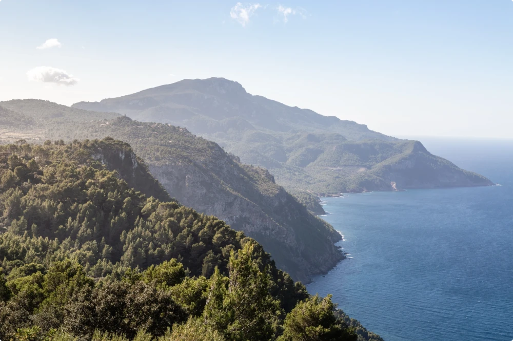 Panoramic view of the Tramuntana mountains and sea near Valldemossa.